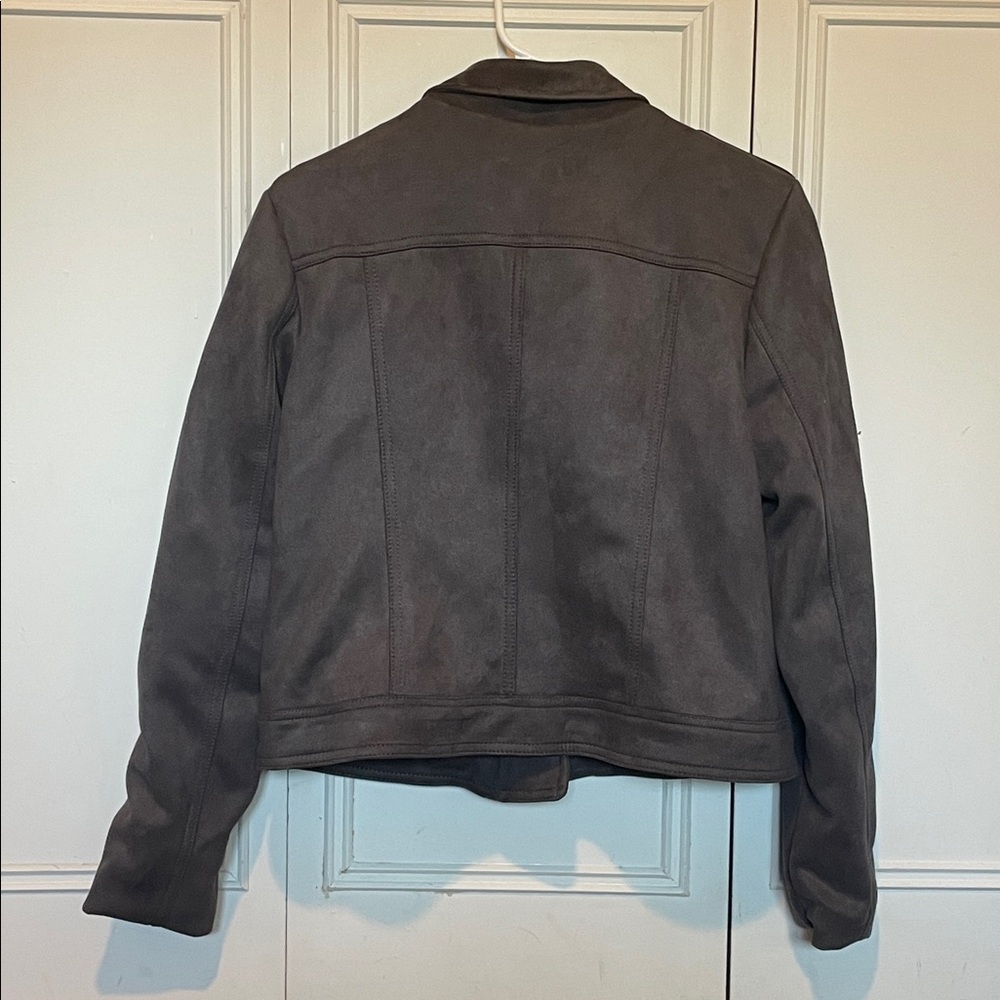 Philosophy Asymmetric Zip Faux Suede Moto Gray Cropped Jacket - Picture 2 of 4